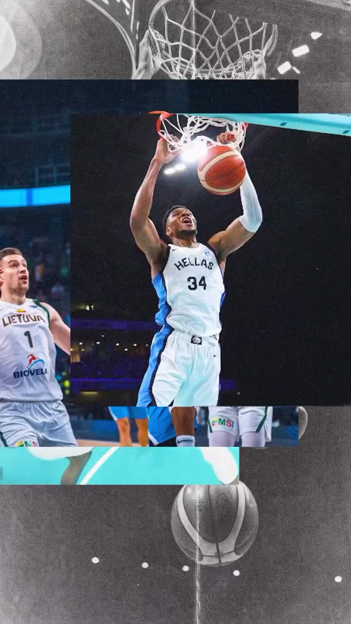 Giannis Antetokounmpo dunking a basketball in a white Greece national team jersey.
